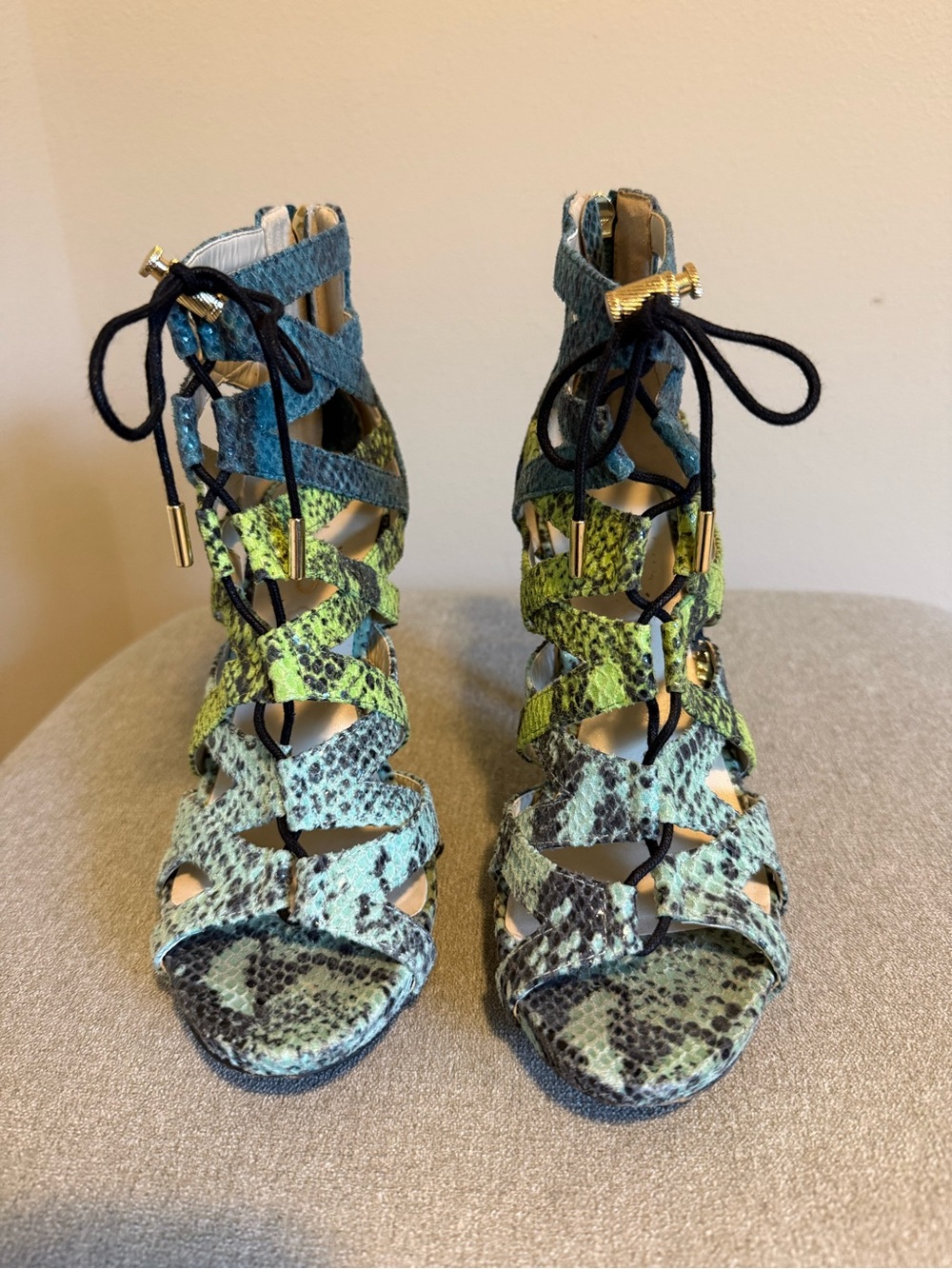 Aldo Blue Green Snake-Print Lace-Up Gladiator Heels